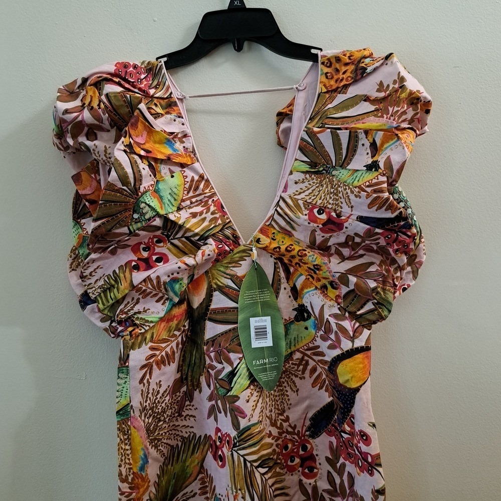 Farm Rio Maxi Dress Pink Tropical Bird Leopard Ruffle Sleeve V Neck M - Picture 8 of 14